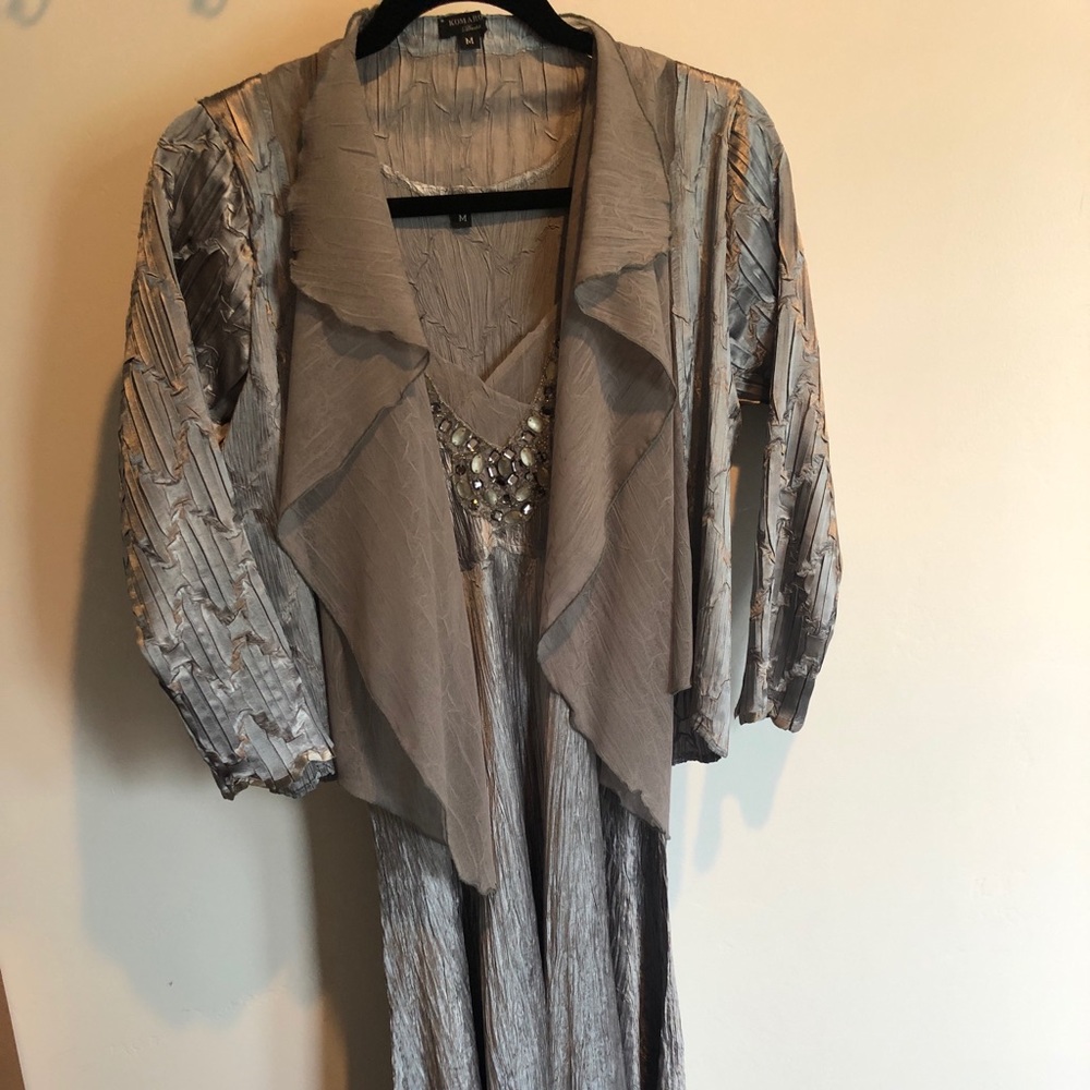 Komarov Silver Gray Layered Midi Dress with Embellished V-Neck